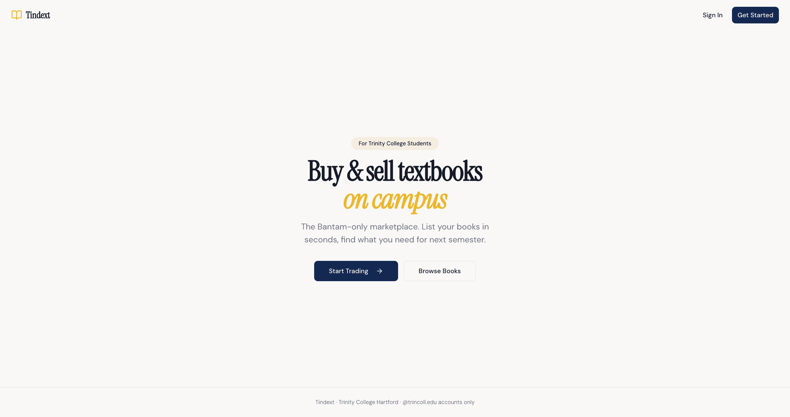 Tindext landing page with Buy and sell textbooks on campus headline, Start Trading and Browse Books buttons.