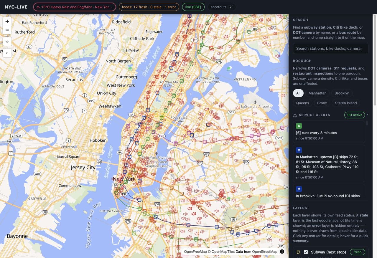 NYC Live map of Manhattan and surrounding boroughs, with feed status, borough filters and subway service alerts.
